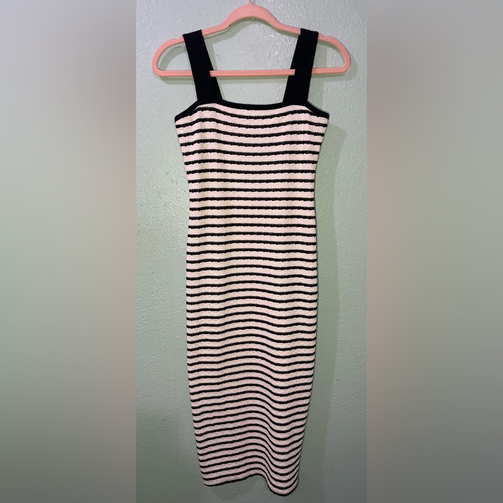 Chic Black and Cream Striped Midi Dress
